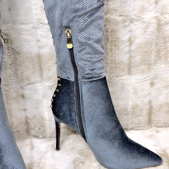 So Me Blue Studded Thigh High Pointy Toe High Heel Boots - Picture 8 of 11